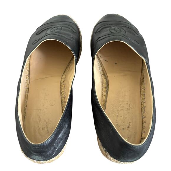 Chanel Interlocking CC Cap Toe Espadrille Shoes Black Leather Flats Size EU 38 - Picture 9 of 16